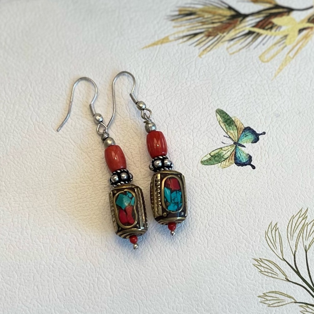 Boho Himalayan Coral Dangling Ear Ring